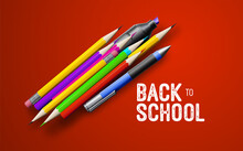 Back To School White Vintage Banner With School Supplies On Red Background.