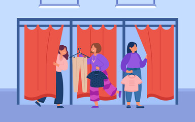 Wall Mural - Happy cartoon girl bringing clothes to fitting room. Dressing cabins in clothing store or shop flat vector illustration. Shopping, sale, fashion concept for banner, website design or landing web page