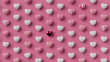 Multicolored Heart Background. Valentine Wallpaper With Pink, White And Metallic Love Hearts. 3D Render 