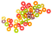 Colorful Corn Rings Isolated On White Background. Breakfast Cereals