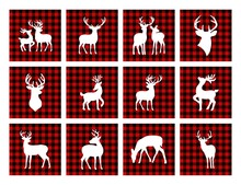 Vector Buck Deer Stag Reindeer Silhouette Stencil Big Design Set.T Shirt Print.Buffalo Black Red Gingham Lumberjack Quilt Tartan Checkered Plaid Pattern Background Texture.New Year Christmas Decor.DIY
