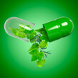 Creative image of homeopathic medicine capsule. Various herbs are poured out of the open pill. Medical theme. 3d rendering. 