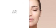 Face Lift And Anti Aging Treatment. Beauty Face Spa Woman With Lifting Arrows. Youth And Skin Care Concept
