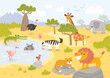 Savanna landscape with wild animals. African animals in the nature. African animals in savannah, prairies. The fauna of Africa, animals living in Africa.