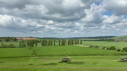 Wall Mural - Wide shot out of a window of train, tracking along flat British UK southern England countryside and farmland clouds and blue sky - stock footage video