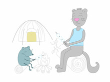Rest Of Friends In Nature With Tents. Vector Illustration Of A Cat And A Mouse Who Roast Marshmallows Over A Fire. Overnight In Nature. Illustration Of Tourism And Recreation In A Tent