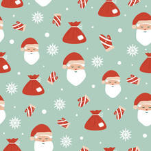 Seamless Pattern With Cute Santa Claus And A Bag For Gifts, Vector Illustration