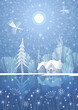 Vector winter fabulous xmas landscape. Forest, rustic cosy houses, blue sky, birds, snowflakes and sun. Frozen cold weather.