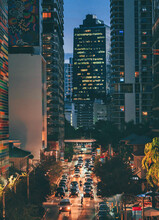 Traffic Brickell Street Miami Florida City Skyline At Night People Cars Lights Skyscrapers Buildings Life 