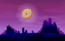Night Moon Desert Country Cactus Travel Vector Flat Design Illustration