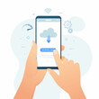Hand holding smartphone with cloud and download button vector illustration
