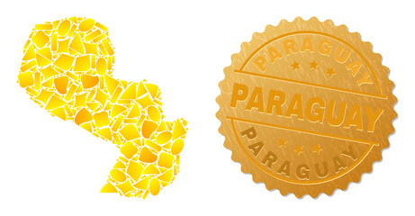 Wall Mural - Golden composition of yellow items for Paraguay map, and golden metallic Paraguay seal imitation. Paraguay map composition is organized of scattered gold items.