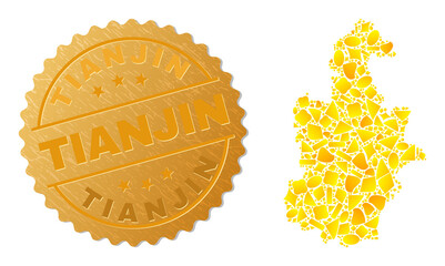 Wall Mural - Golden collage of yellow elements for Tianjin City map, and gold metallic Tianjin seal. Tianjin City map collage is done of randomized gold spots.