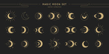 Magic Moon Set. Vector Lunar Collection With Moons, Stars, Sunbursts. Graphic Elements For Astrology, Esoteric, Tarot, Mystic And Magic Prints, Posters, Banners, Pattern Or Backgrounds.