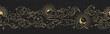 Magic seamless vector border with moons, clouds, stars and suns. Chinese gold decorative ornament. Graphic pattern for astrology, esoteric, tarot, mystic and magic.
