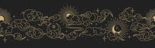 Magic Seamless Vector Border With Moons, Clouds, Stars And Suns. Chinese Gold Decorative Ornament. Graphic Pattern For Astrology, Esoteric, Tarot, Mystic And Magic.