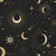 Magic Seamless Vector Pattern With Sun, Constellations, Moons And Stars. Gold Decorative Ornament. Graphic Pattern For Astrology, Esoteric, Tarot, Mystic And Magic. Luxury Elegant Design.