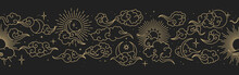 Magic Seamless Vector Border With Moons, Clouds, Stars And Suns. Chinese Gold Decorative Ornament. Graphic Pattern For Astrology, Esoteric, Tarot, Mystic And Magic.