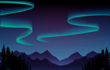 colorful aurora borealis sky light pine mountain adventure polar landscape illustration