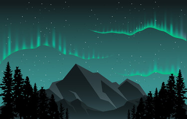 colorful aurora borealis sky light pine mountain adventure polar landscape illustration