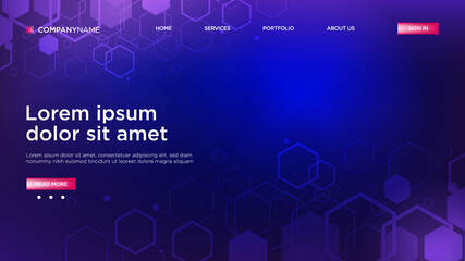 Website template design. Abstract scientific background with colorful dynamic waves, hexagonal innovation pattern. Modern landing page for websites or apps. Vector illustration