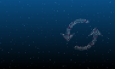 On the right is the refresh symbol filled with white dots. Background pattern from dots and circles of different shades. Vector illustration on blue background with stars