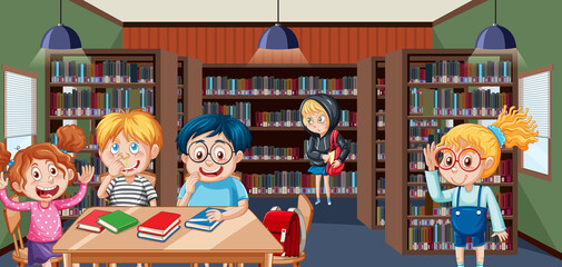 Poster - Children in school library scene