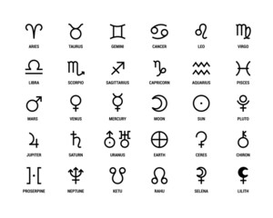 planet symbol. vector black sign on white. mars, venus, mercury and moon. sun, pluto, jupiter and sa
