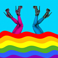 Contemporary digital collage art. girls Legs in Creative rainbow  space. Fashion, party, pride, clubbing concept