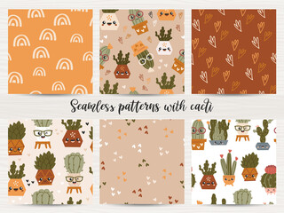 Wall Mural - Set of seamless patterns with cute cacti.