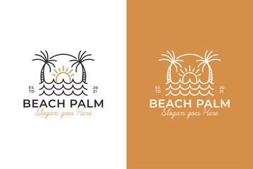 Vintage retro logo of nature palm tree in beach or ocean with wave for summer vibes vacation logo template