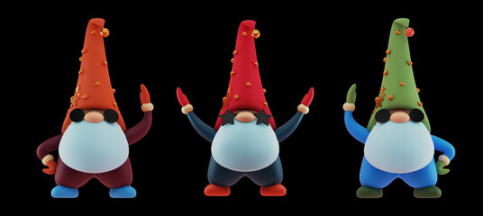 Poster - collection of cartoon gnome character on black background.