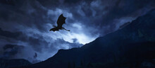 The Dragon Flies Over The Mountains. Gloomy Night Sky. Artistic Work