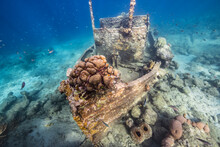 Seascape With Tugboat Wreck, Various Fish, Coral, And Sponge In The Coral Reef Of The Caribbean Sea, Curacao