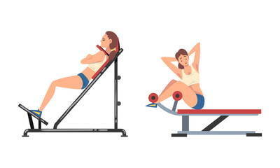 Canvas Print - Woman at Gym Training with Sport Machine Vector Set