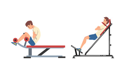 Poster - Man at Gym Training with Sport Machine Vector Set