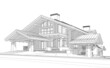 © korisbo - 3d rendering of modern cozy chalet with pool and parking for sale or rent. Massive timber beams columns. Black line sketch with soft light shadows on white background.