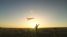 A Kite Flies In The Hands Of A Kid In The Summer In The Park. Happy Little Boy, Child Playing With A Toy Flying Kite. Dream Concept, Kid Running Through Green Field In Spring At Sunset. Slow Motion.