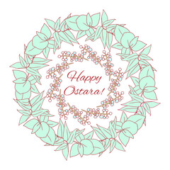 Pagan Festival Ostara greeting card. Vector frame design in pastel colors with lettering Blessed and happy Ostara.