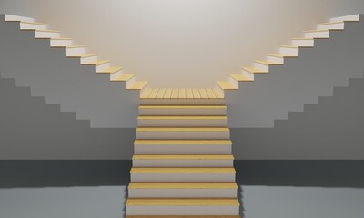 Wall Mural - wooden staircase and light in the white room.3drendering.	