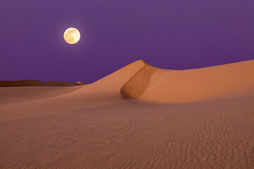 Full moon over the sand dunes in the desert. Arid landscape of the Sahara desert.