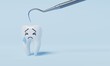 Tooth afraid of dental inspection hooks for yearly oral health check cause of tooth dacay on blue background. Health care and medical concept. 3D illustration rendering
