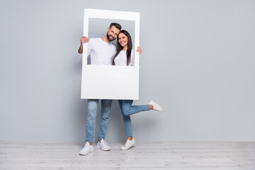 Canvas Print - Full size photo of nice young couple do picture wear shirt jeans shoes isolated on grey background