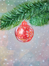 New Year's Red Ball On A Fir Branch In The Snow Painted With Oil Paints