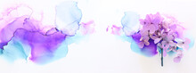 Creative Image Of Pastel Violet And Pink Hydrangea Flowers On Artistic Ink Background. Top View With Copy Space