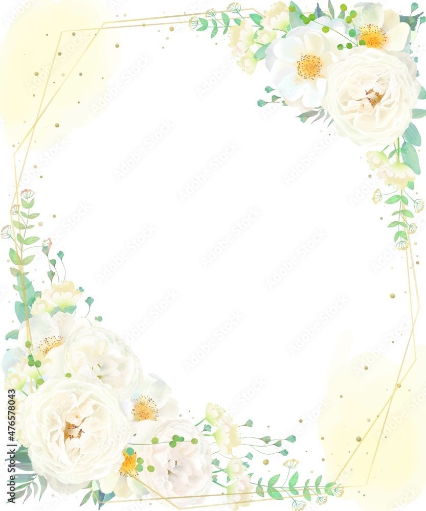 Vector de Stock 美しい白いバラの花とリーフの招待状縦ゴールド水彩画