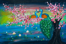 Peacock Couple Sitting Together On Flowering Pink Branch Over Pond