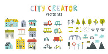 Baby City Constructor Set. Town Simple Vector Creator For Kids Map. Elements For Nursery Design: Houses, Cars, Trees, Mountains, Infrastructure.