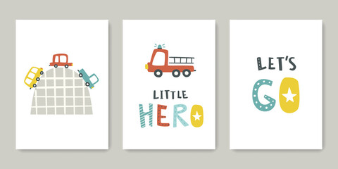 Wall Mural - baby car poster and scribble lettering set. abstract doodle auto and typography cards collection. tr