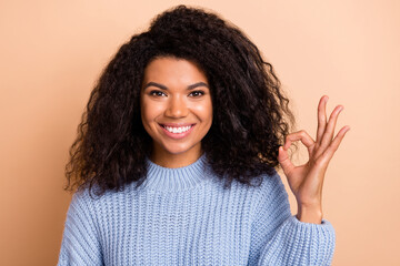 Poster - Photo of young pretty woman show fingers okey symbol promo decision ads isolated over beige color background